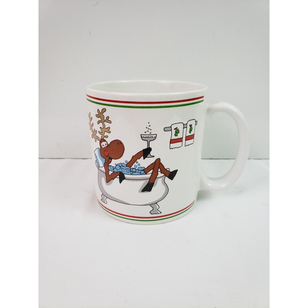 Vintage Russ Berrie & Co Christmas Holiday Seasonal Mug Reindeer Relaxing # 8190